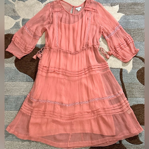 Sundance Catalog 3/4 Sleeve Rosalie Tucked & Tiered in 100% Silk Crepe Coral ZB4 - Picture 3 of 9